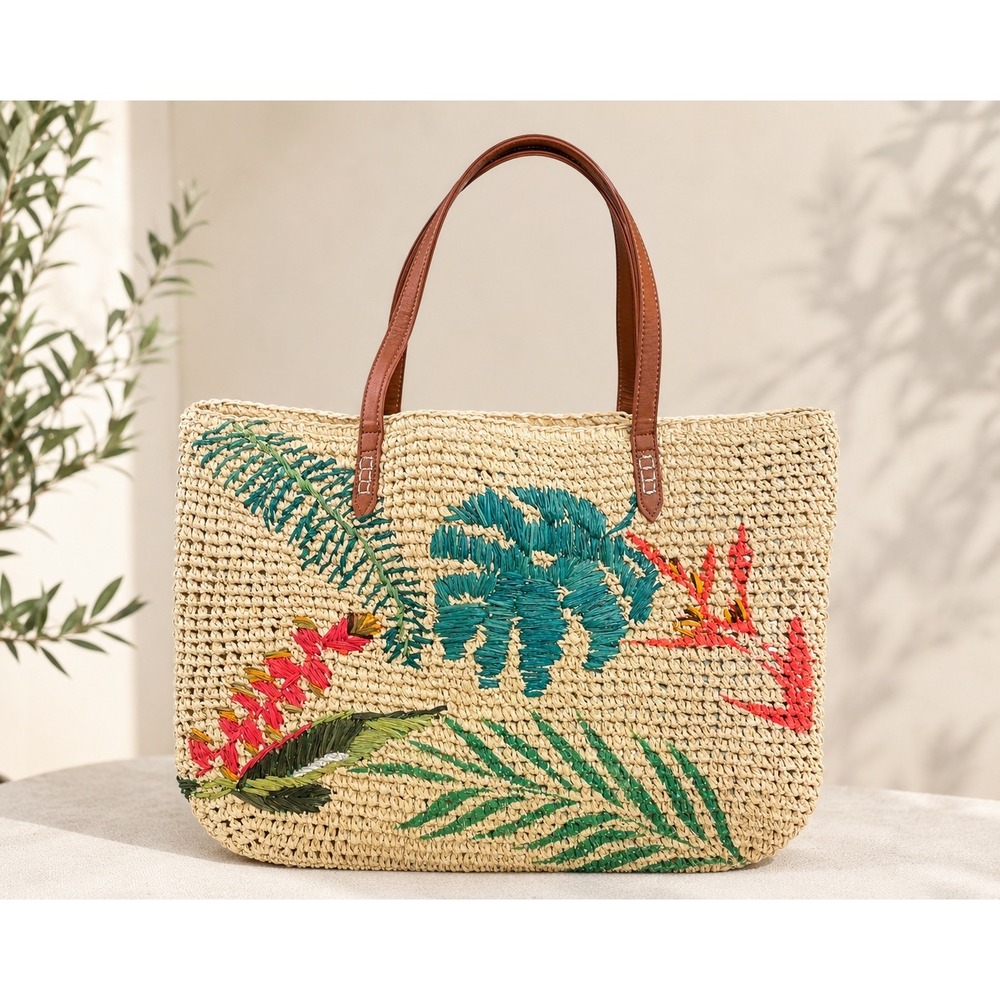 INC International Concepts Tropical Embroidered Straw Tote Bag Palm Leaf Tan